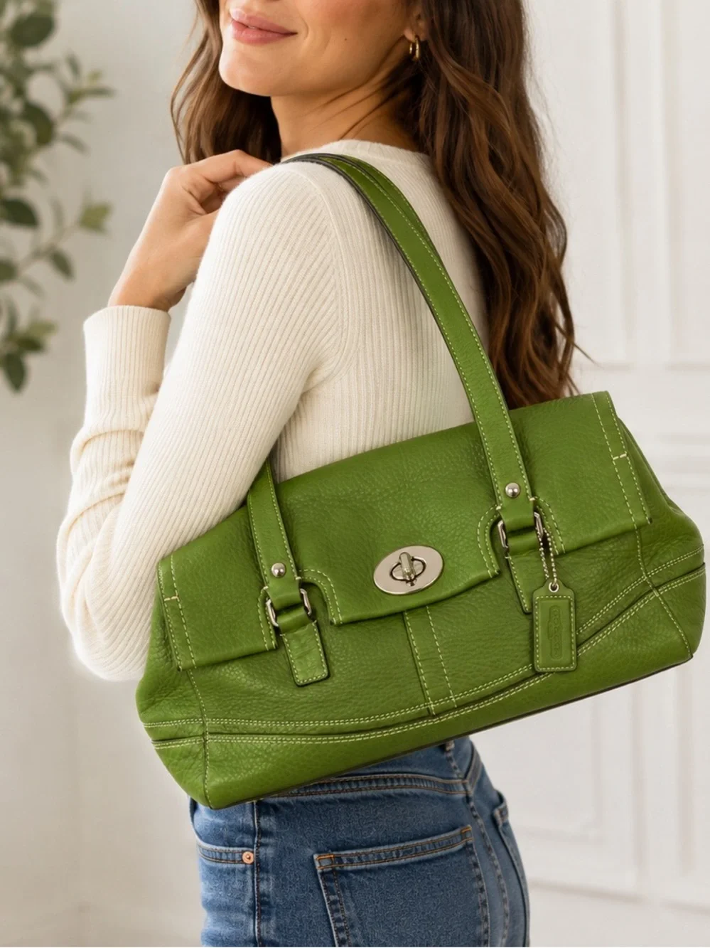 Coach Vintage Green Pebbled Leather Satchel Turnlock Handbag Y2K